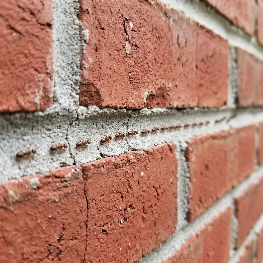 Illustration of an ant trail running up an exterior brick wall.