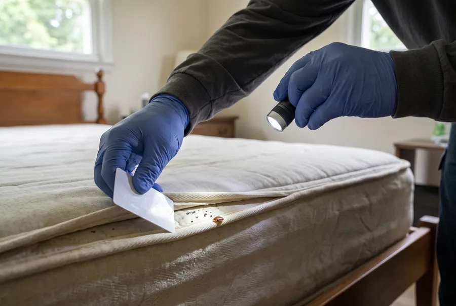 Illustration of a technician inspecting a mattress seam for bed bugs and fecal spotting.