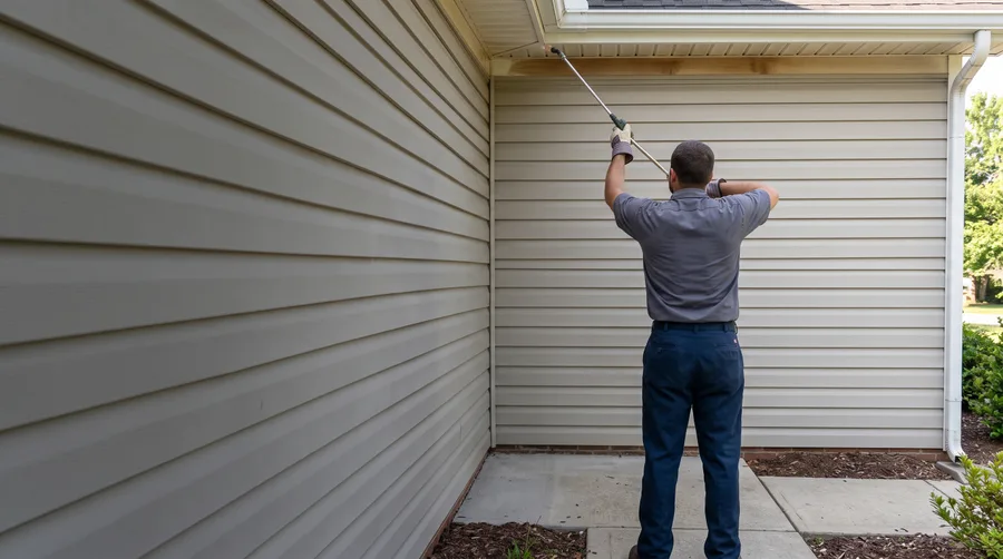 Illustration of a technician applying a barrier treatment to the eaves of a house.
