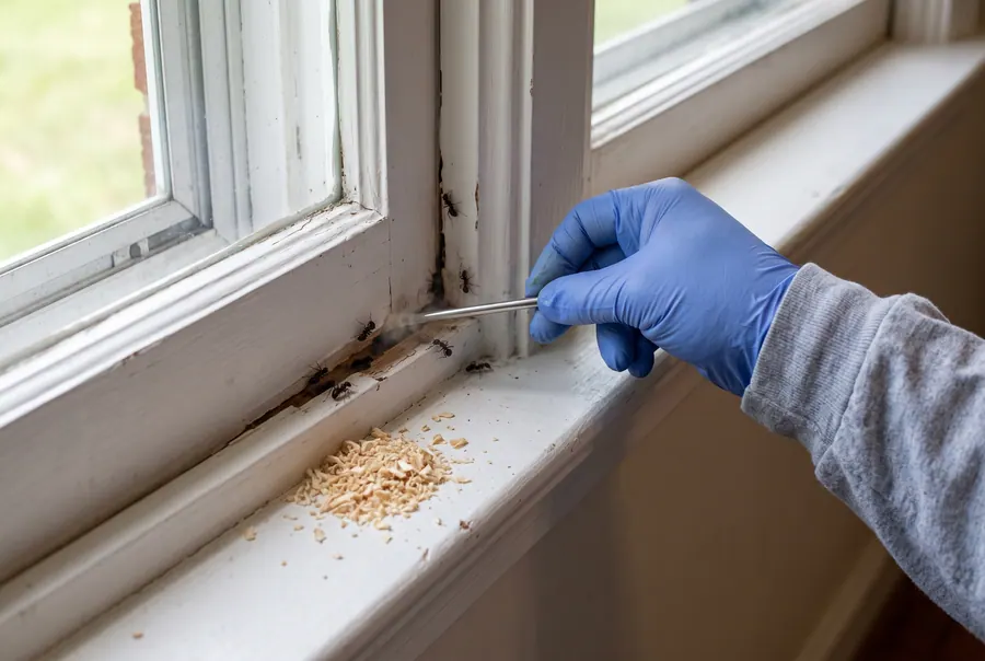 Illustration of a technician inspecting wood shavings and insect activity at a window sill.