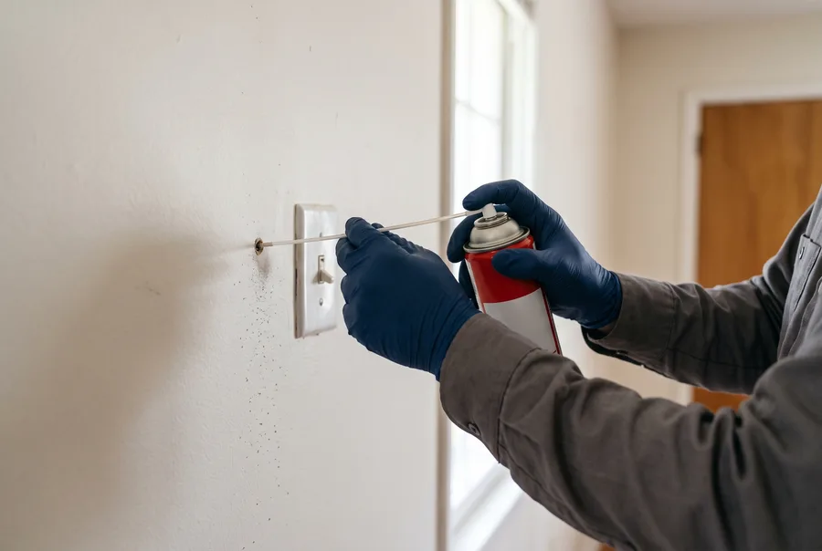 A Rozier Pest Control & Waterproofing technician applying a treatment along an interior wall.